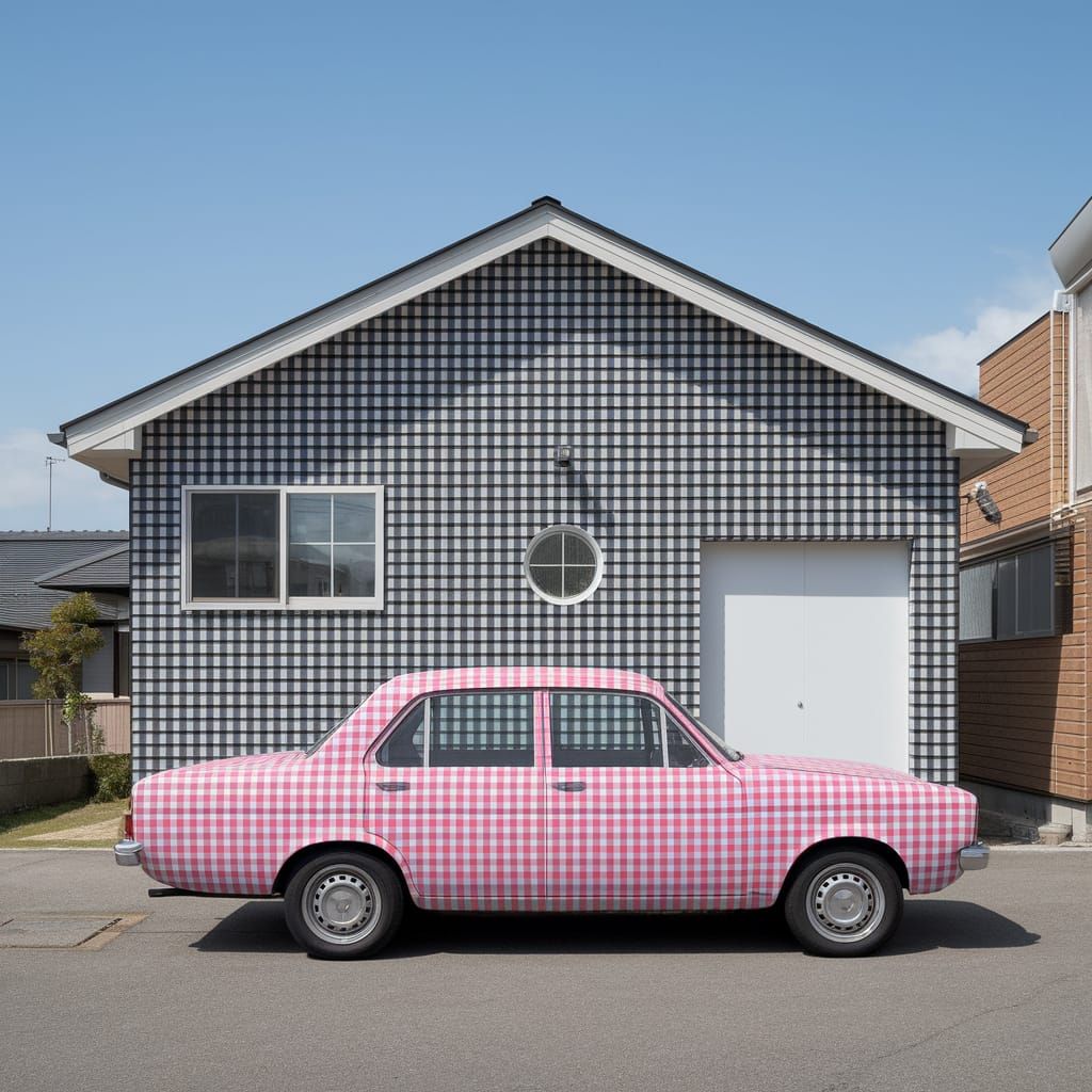 Gingham Print House with Colorful Car