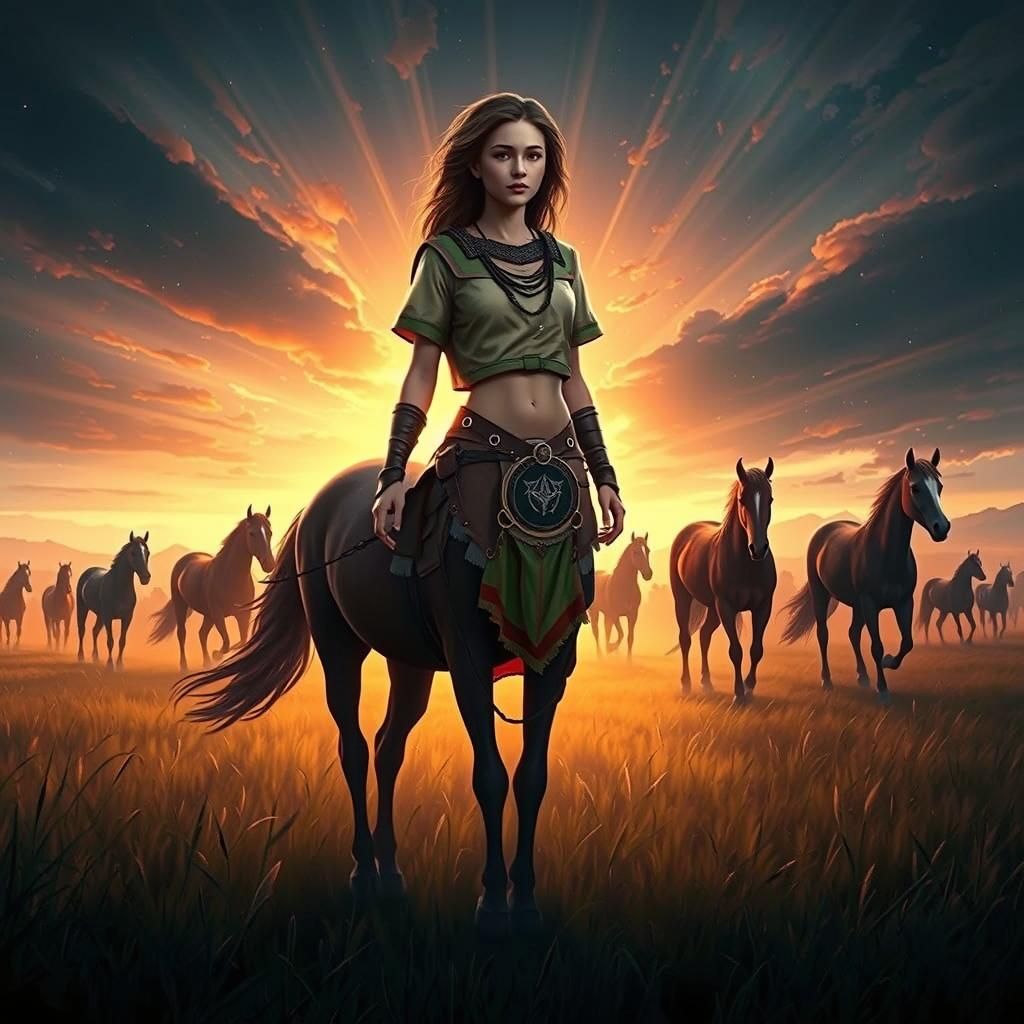 Centaur Maiden with Wild Horses on the Prairie