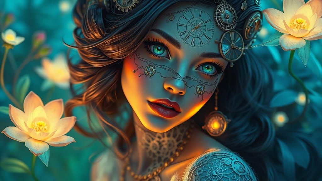 Steampunk Woman with Clockwork and Bioluminescent Flora