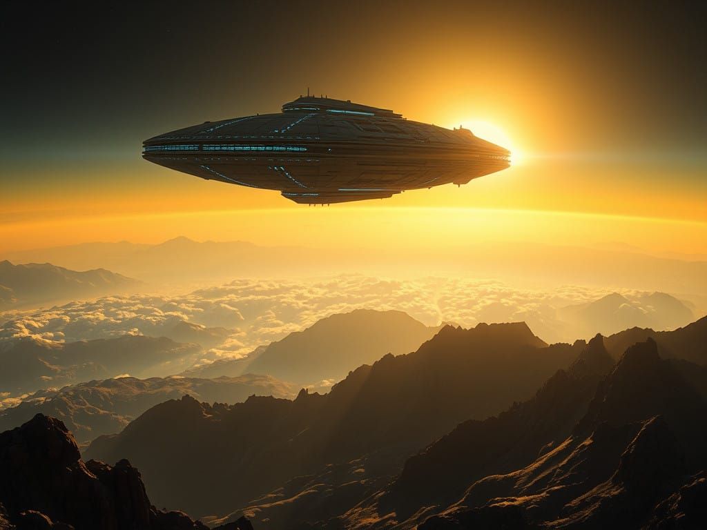 Ethereal Alien Spaceship Soars Above Earth's Majestic Mounta...