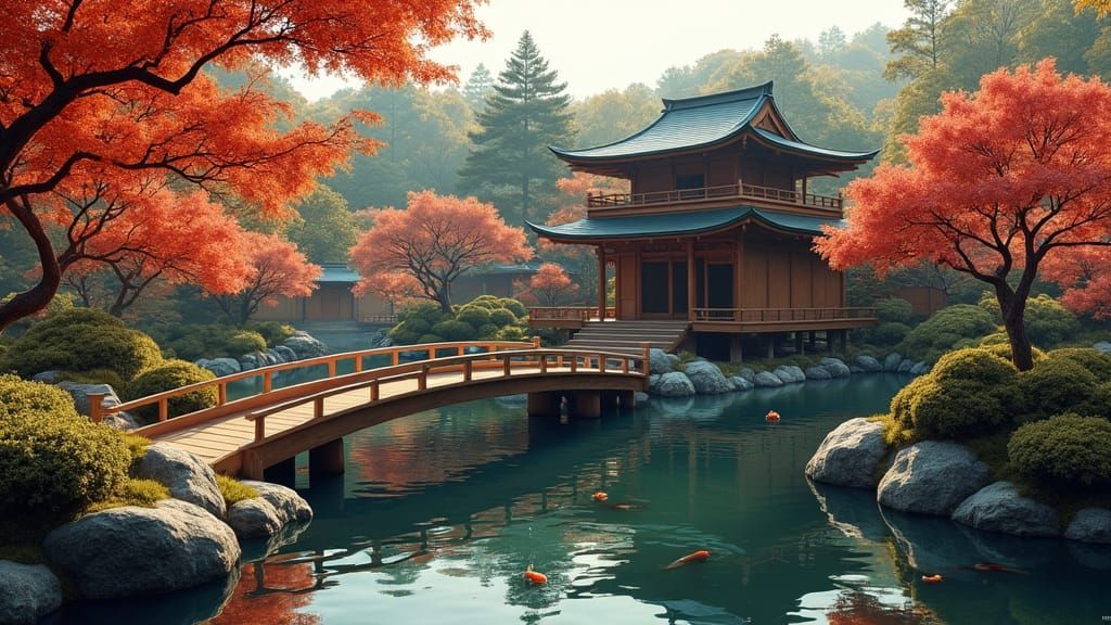 Japanese Garden with Pagoda in Watercolor Style