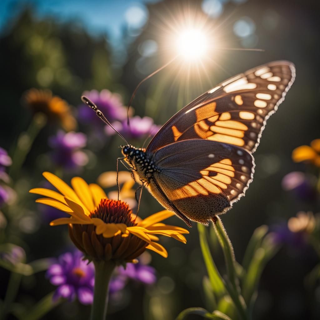 Butterfly and Flower in Dramatic Lighting