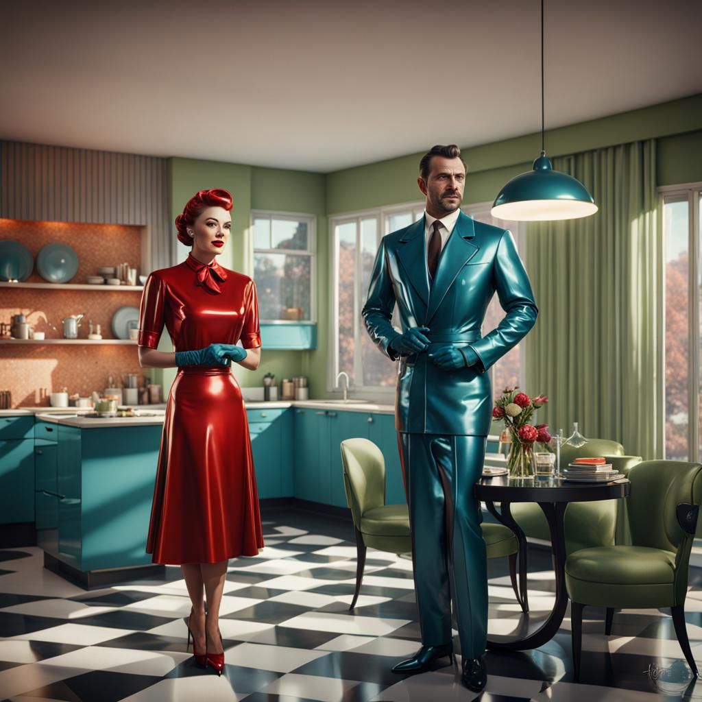 1950s Couple in Shiny Latex: Detailed Matte Painting