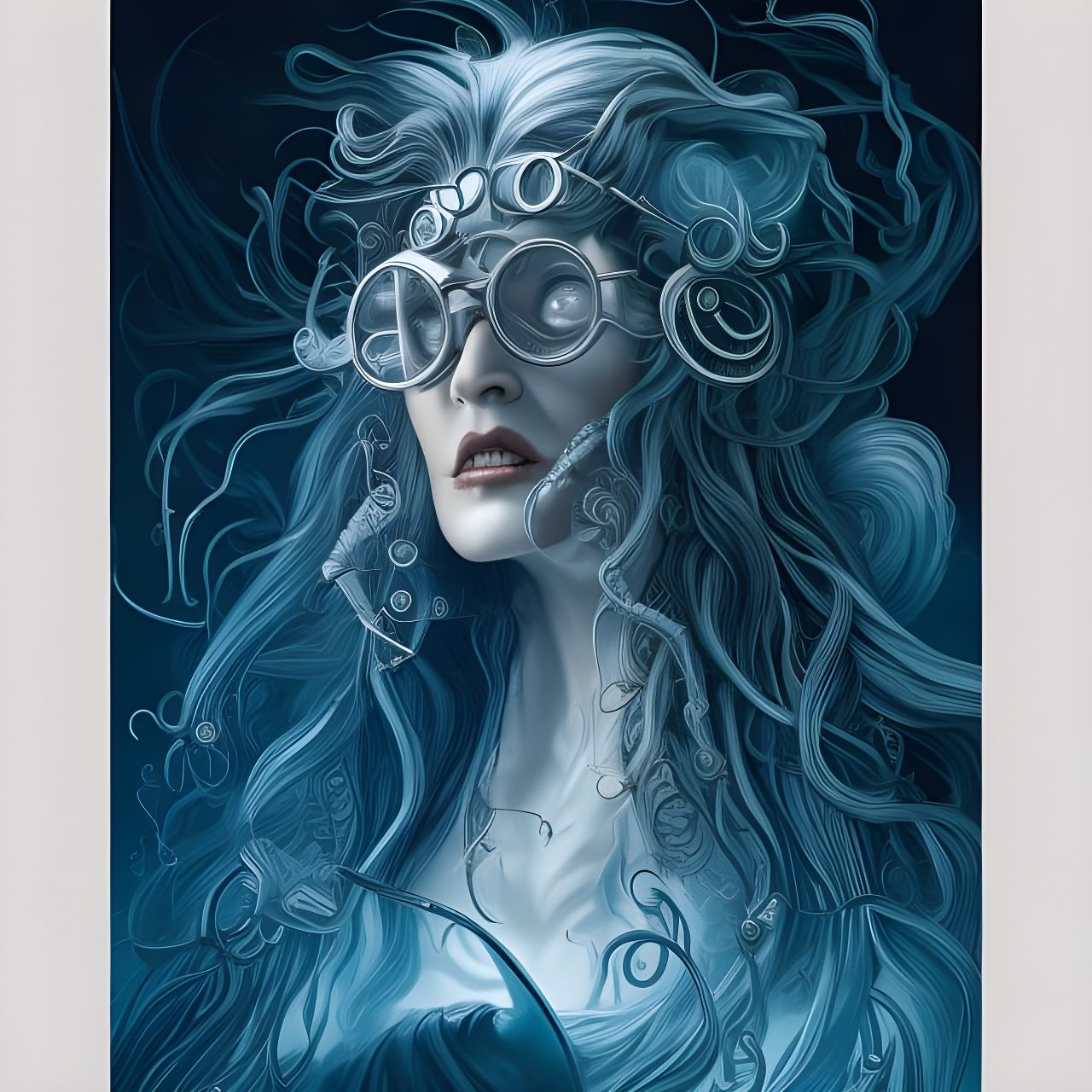 Mad Scientist Woman in Art Deco Lab, Blue Ink