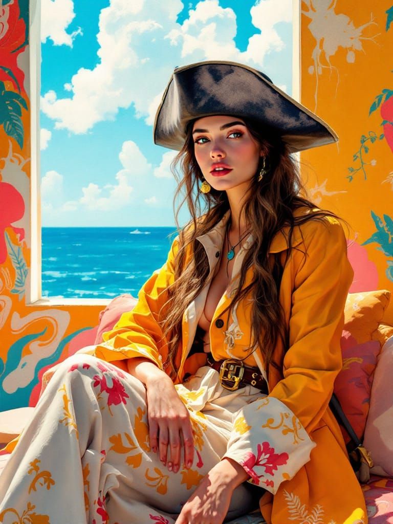 Pirate Woman Portrait in Sun-Drenched Mediterranean Style