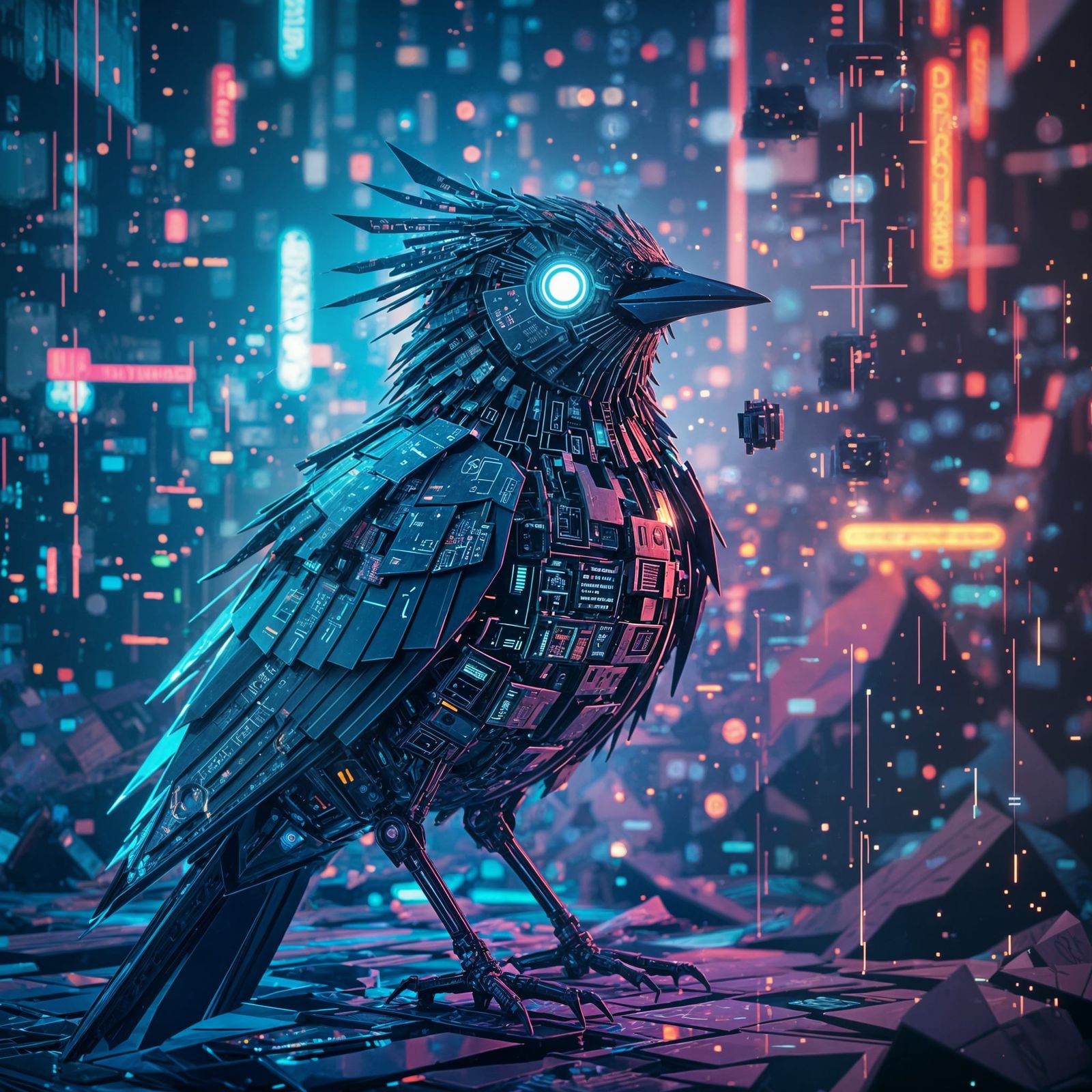 Clockwork Bird with Pixelating Face in Glitch Art Style