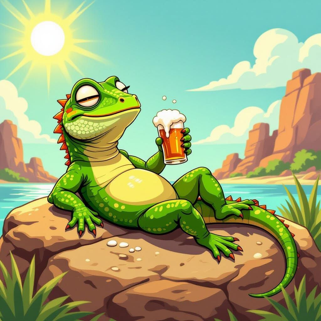 Humorous Lizard Relaxing with Beer in Sun
