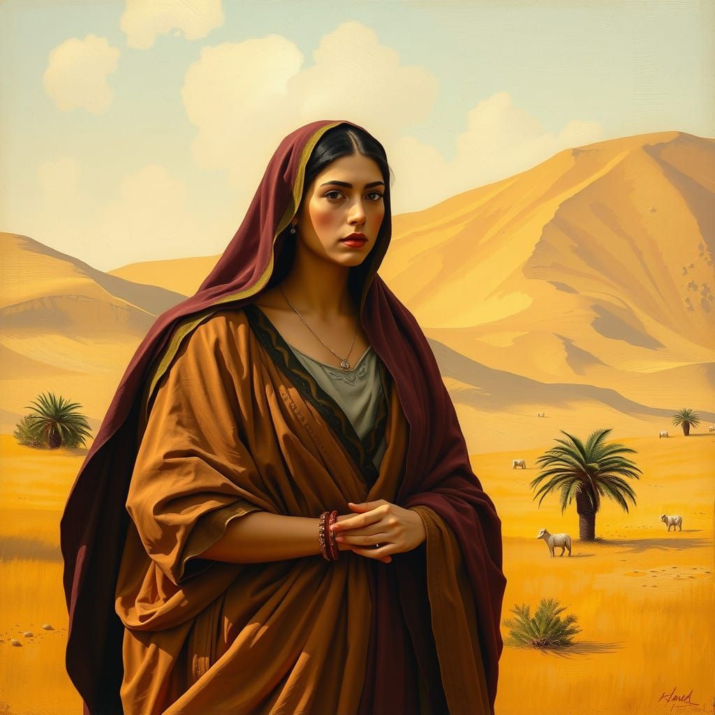 A Devout Woman Stands Resolutely in Golden Desert Landscape