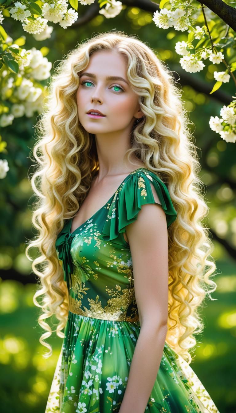 Woman with Long Blonde Hair and Luminous Green Eyes