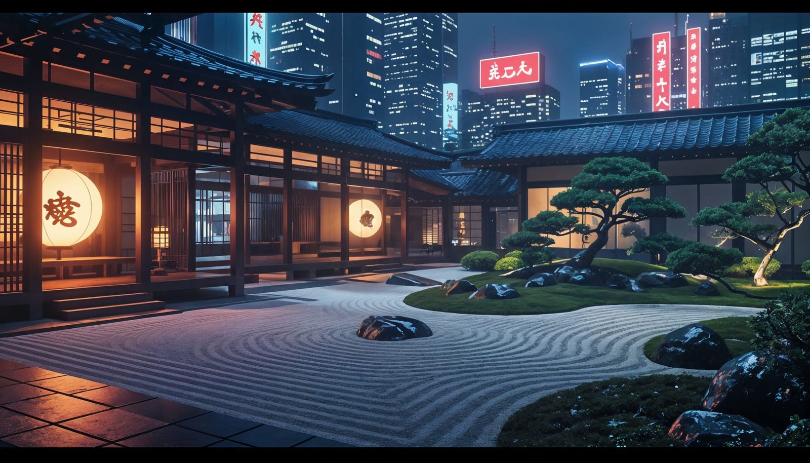 Cyberpunk Zen Garden in a Futuristic City