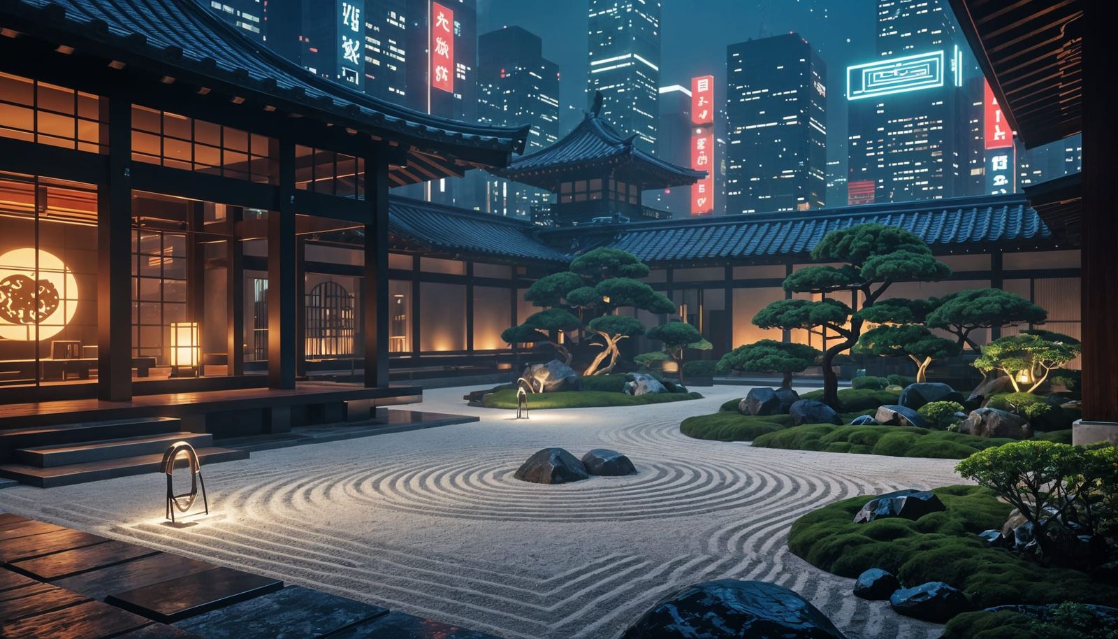 Zen Garden in Cyberpunk Metropolis