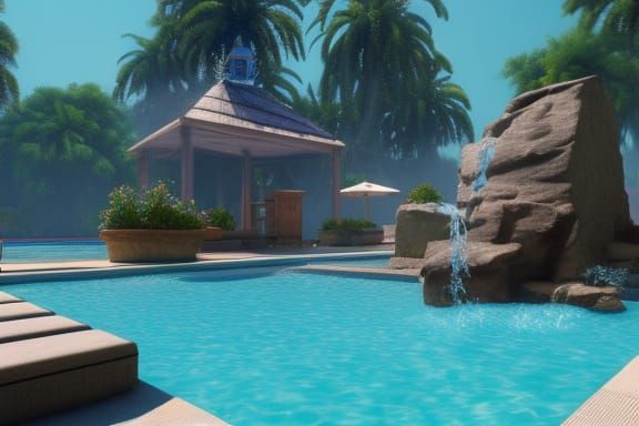 outdoor pool 3D Game Cinematic Feel, Epic 3D Videogame Graph...
