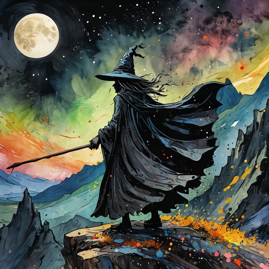 Witch Rides Broomstick in Impressionistic Ink Splatter Art