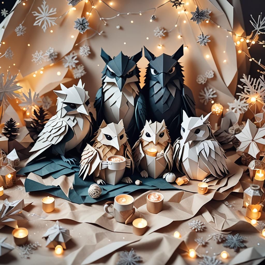 Magical Papercraft Creatures Snuggling in Winter Wonderland