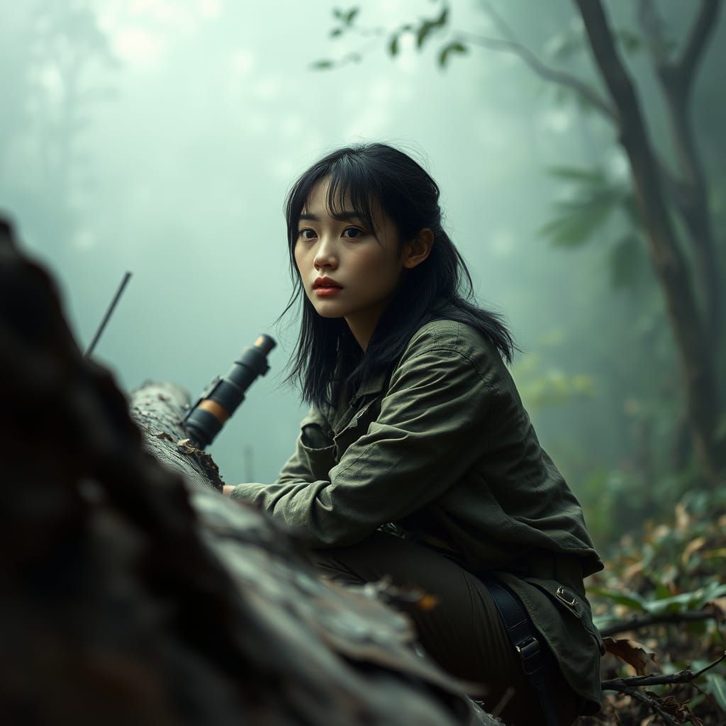 Gritty Female Rambo Remake in Muted Greens and Earthy Tones