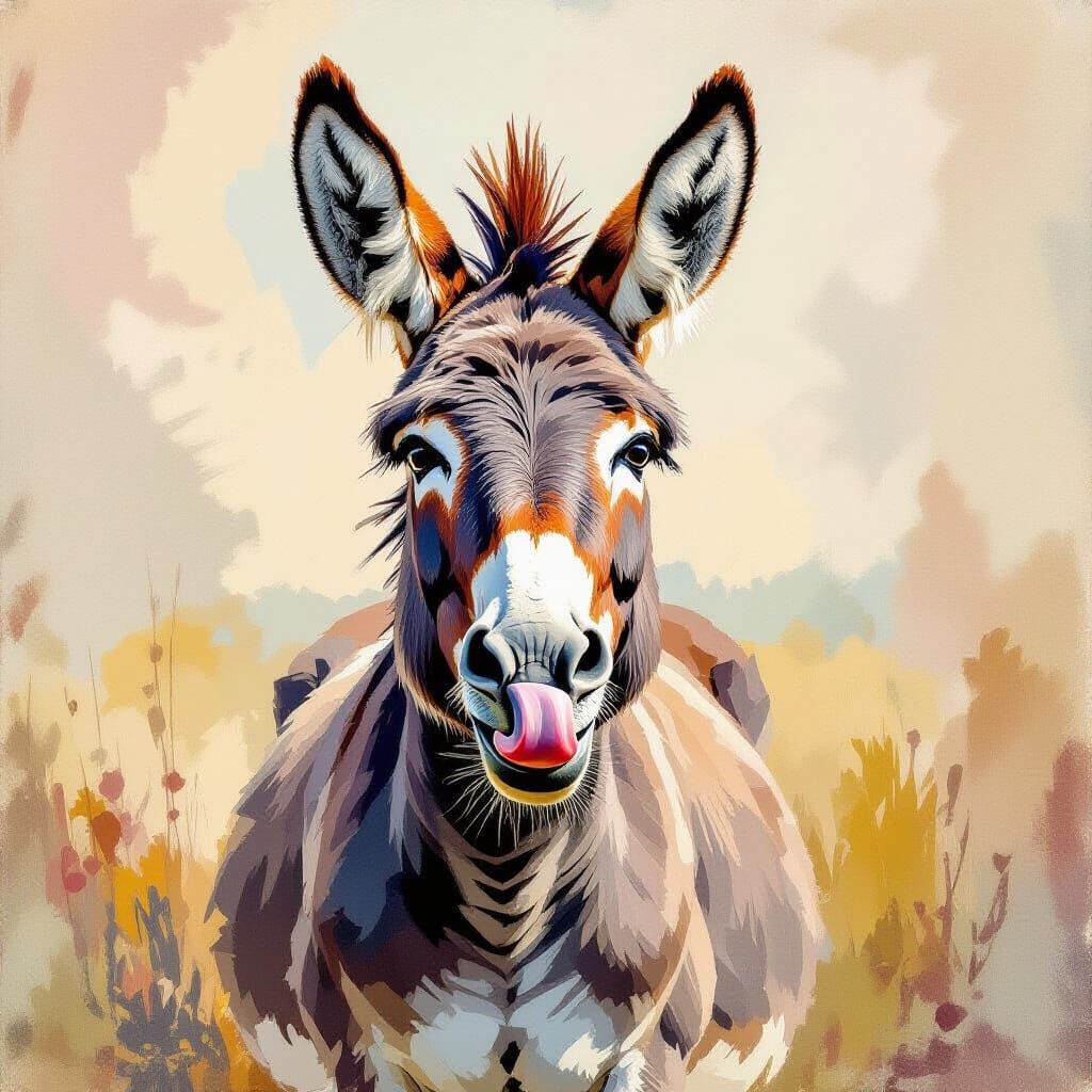 Donkey Sticking Tongue Out in Gouache Style