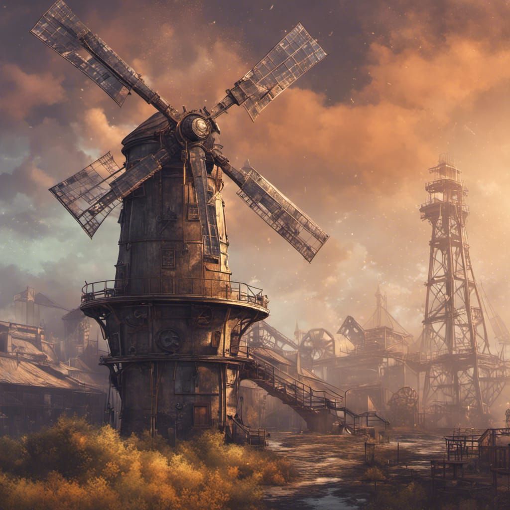 Steampunk Windmill on Industrial Landscape, Hyperdetailed Ar...