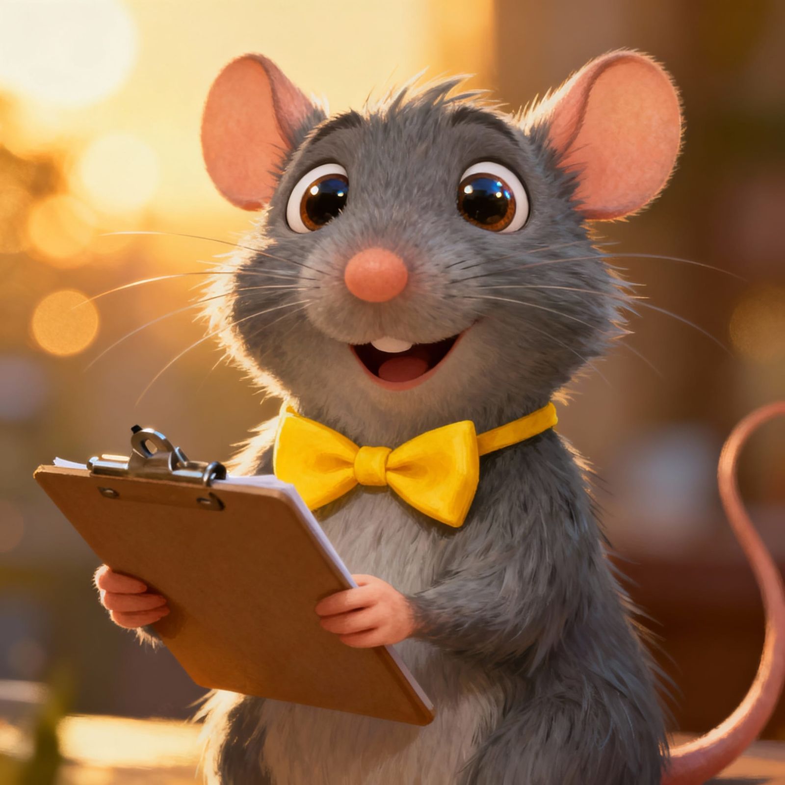 Adorable Pet Rat in Yellow Bow Tie with Clipboard