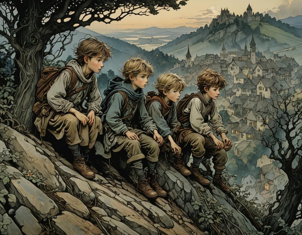 Four Siblings Climbing at Dusk: Intricate Illustration