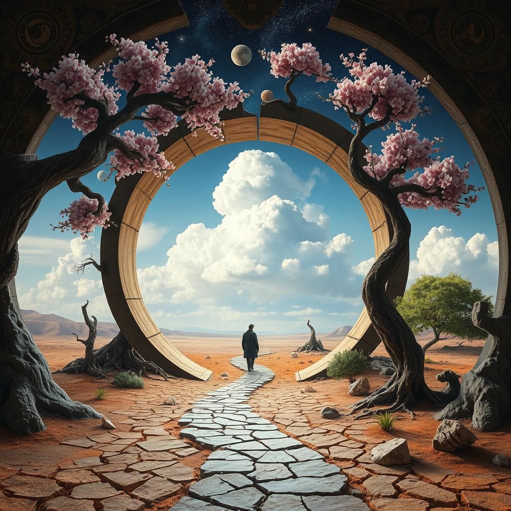 Surreal Stargate Scene with Lush Fantasy Garden
