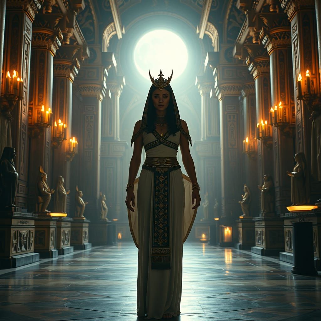 Egyptian Priestess Performing Ritual in Grand Hall