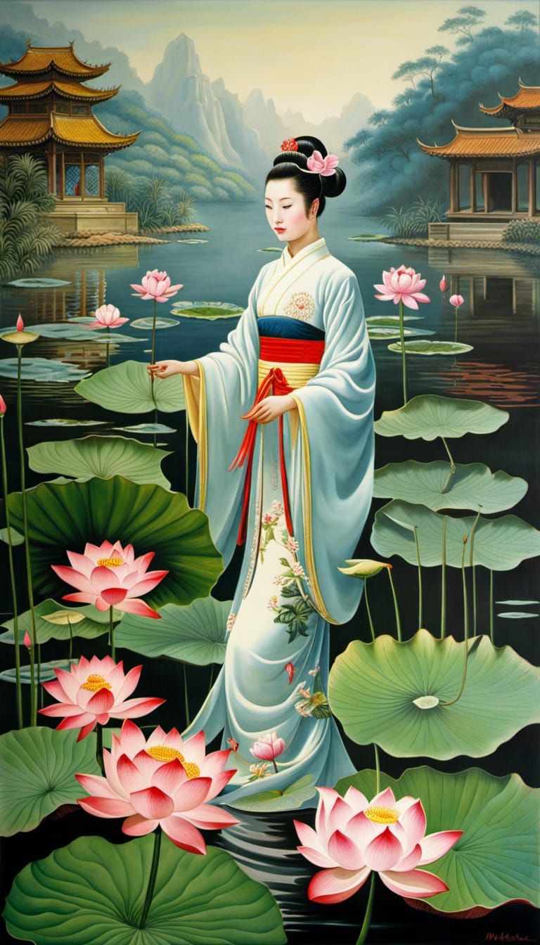 Lotus Pond in Chinese Watercolor Style