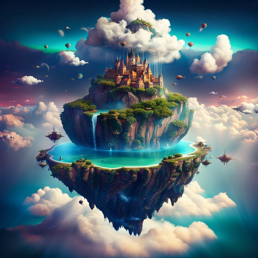 Floating Island Cities with Mythical Creatures