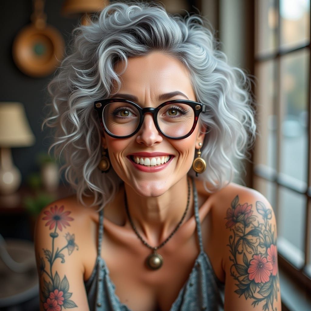 Glamorous Boho Grandma Selfie with Floral Tattoos