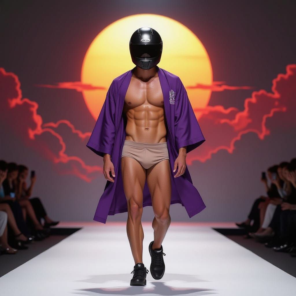Man in Kimono on Runway, Hyperrealistic Concept Art