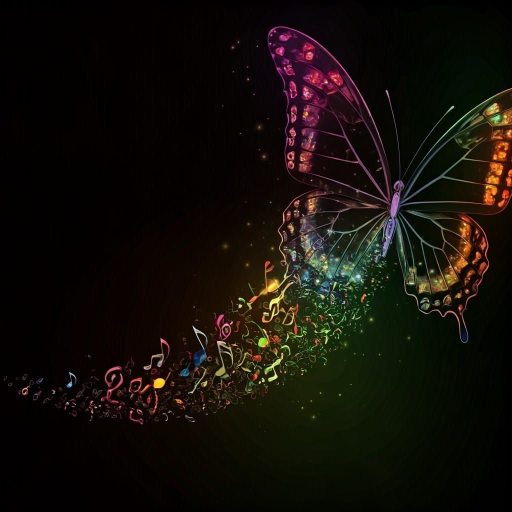 Colorful Butterfly Creates Musical Notes in Neon Fractal Art