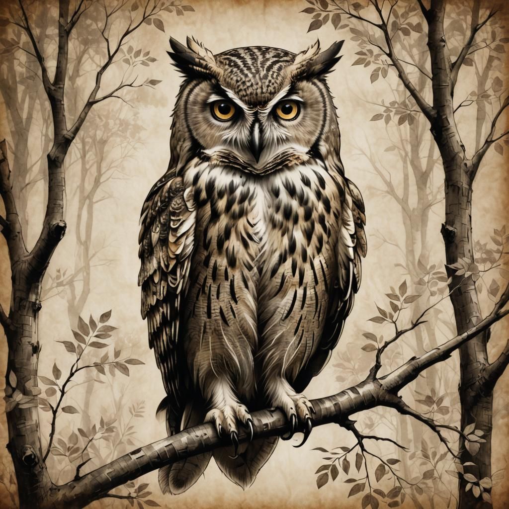 Intricate Parchment Sketch of an Owl