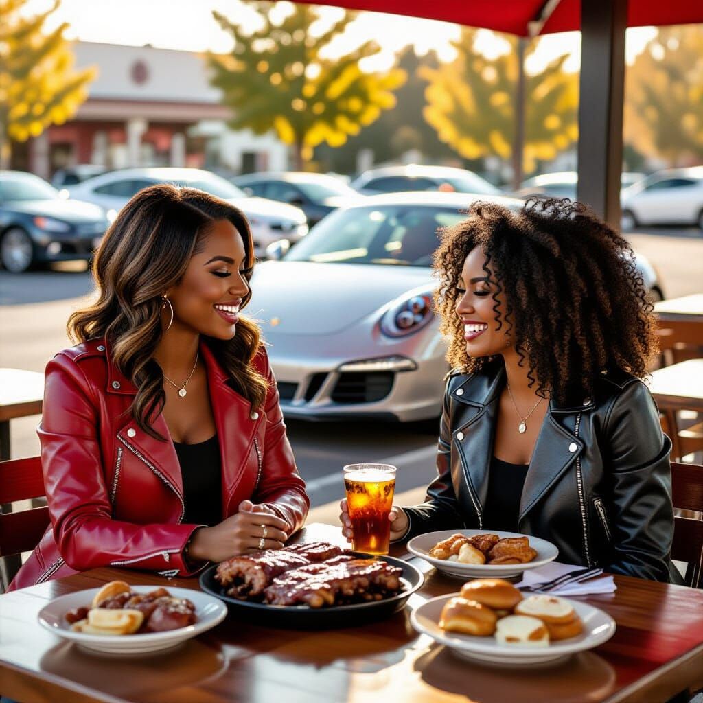 African American Women Laughing at BBQ Restaurant