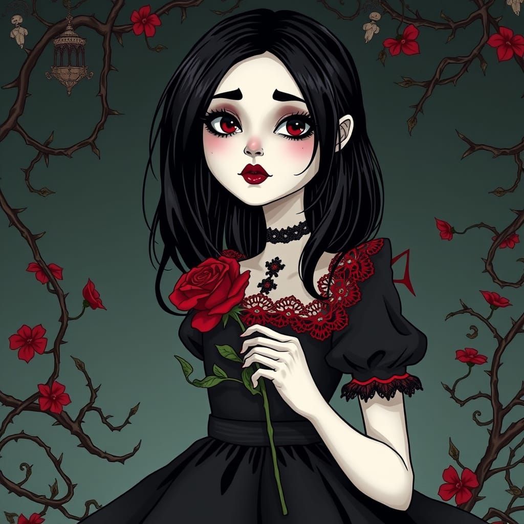 Gothic Lolita Rose Maiden in a Whimsical Cartoon World