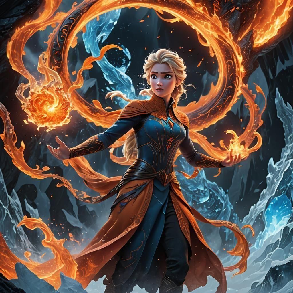 Elsa Casts Fire Magic in Fantasy Art