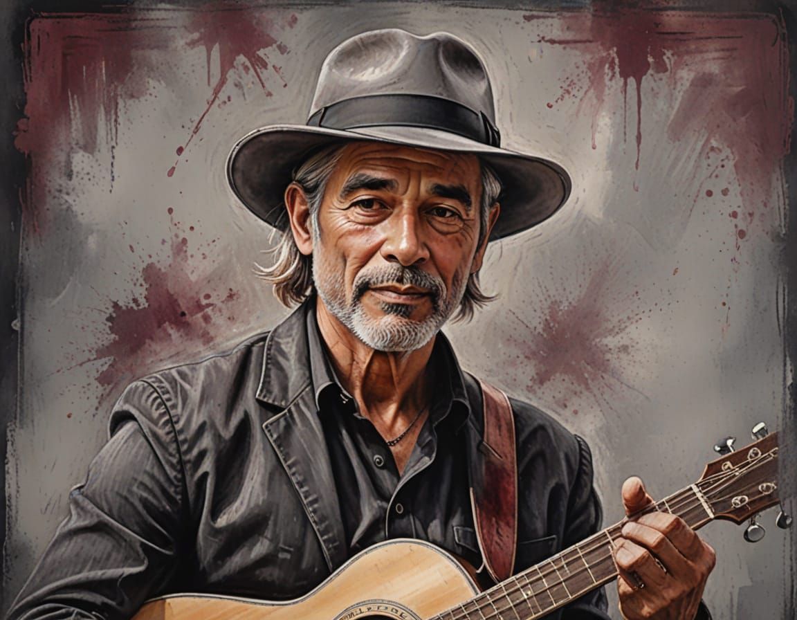 Chalk Art Portrait of Guitarist with Fedora