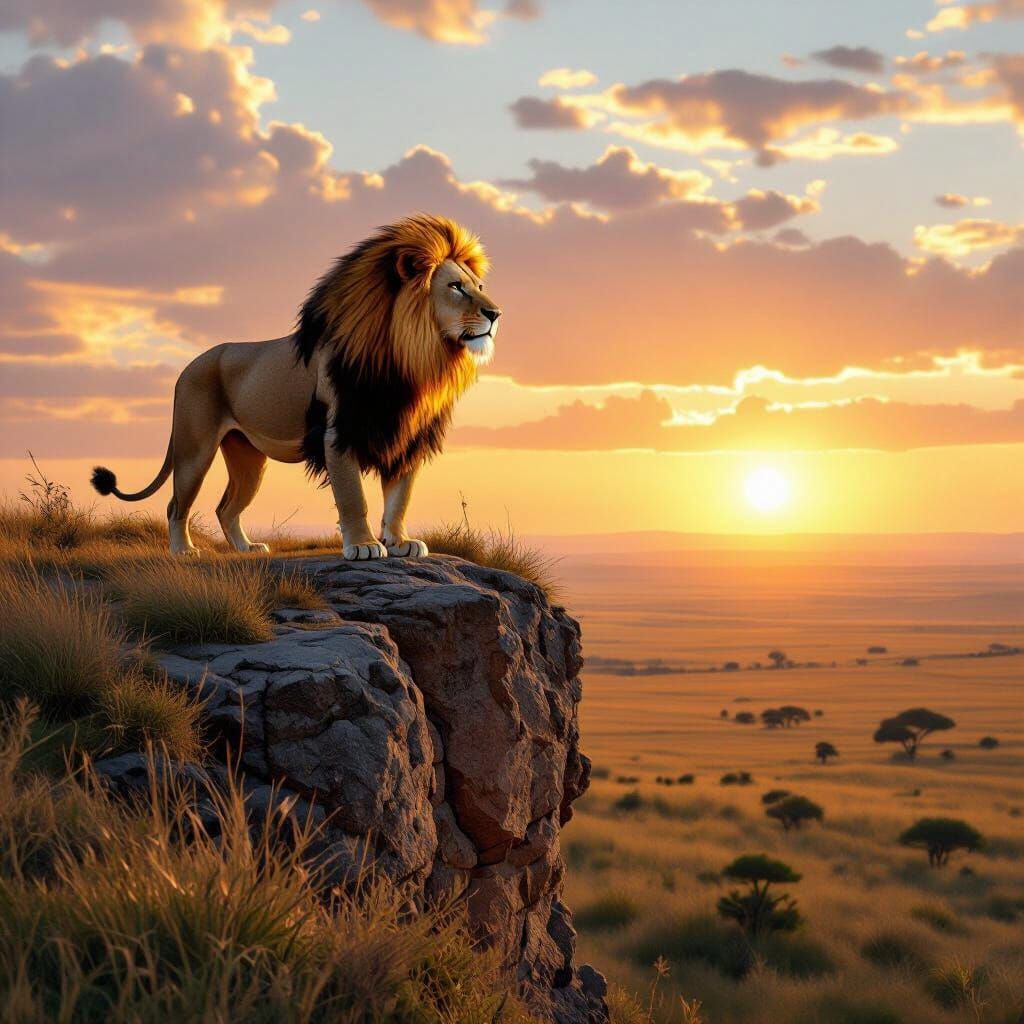 Majestic Lion Overlooks Savannah in Hyperrealistic Style