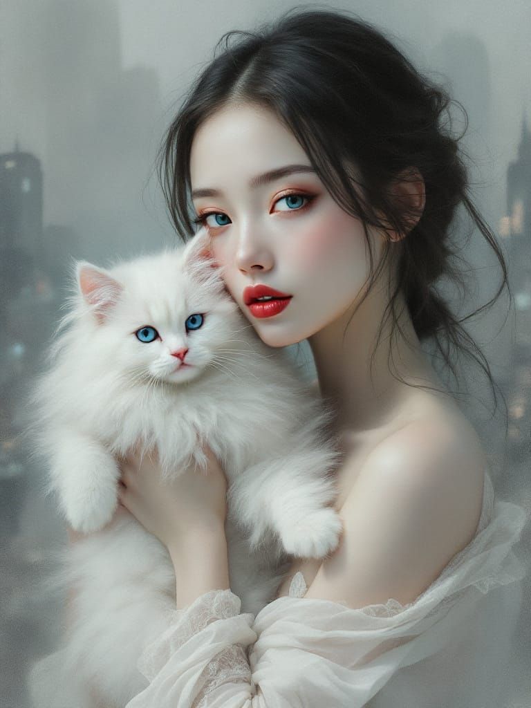 Ethereal Woman and Cat in Soft Focus Tonalist Style