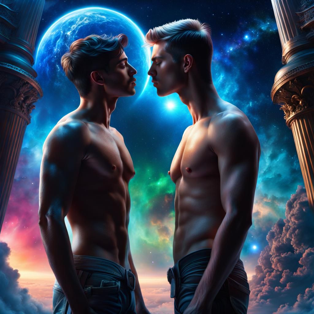 Gay Couple Kiss in Epic Space-Time Digital Art