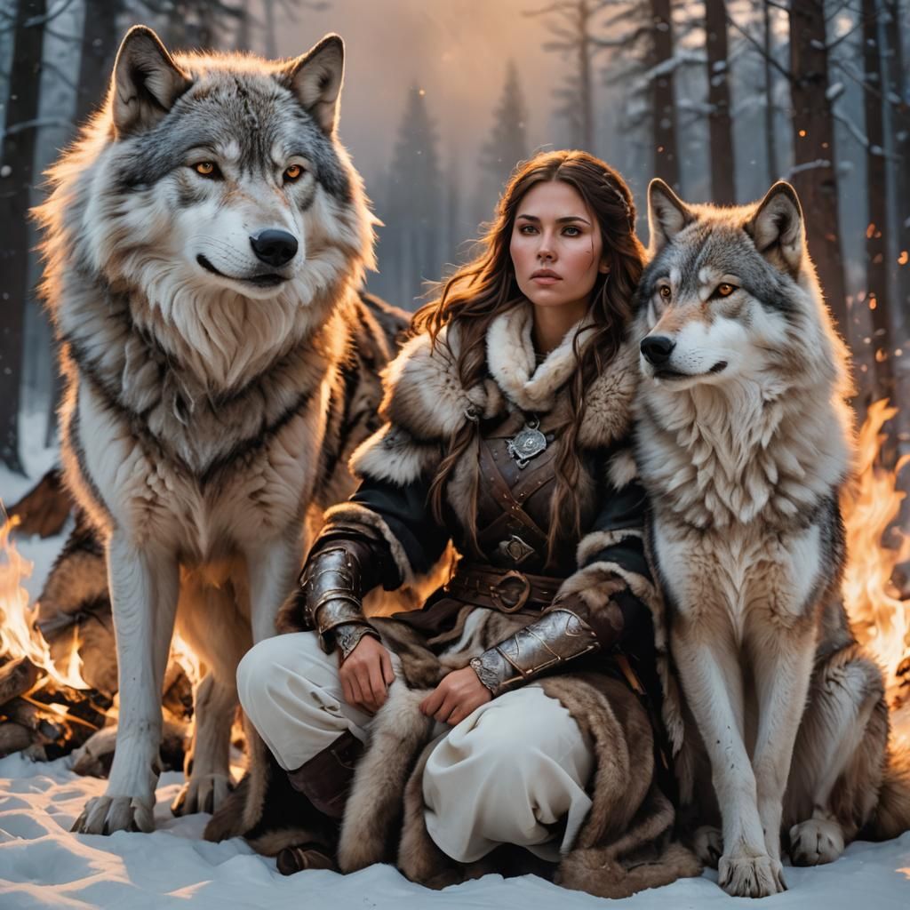 Nordic Warrior Woman in Powerful Pose, Surrounded by Majesti...