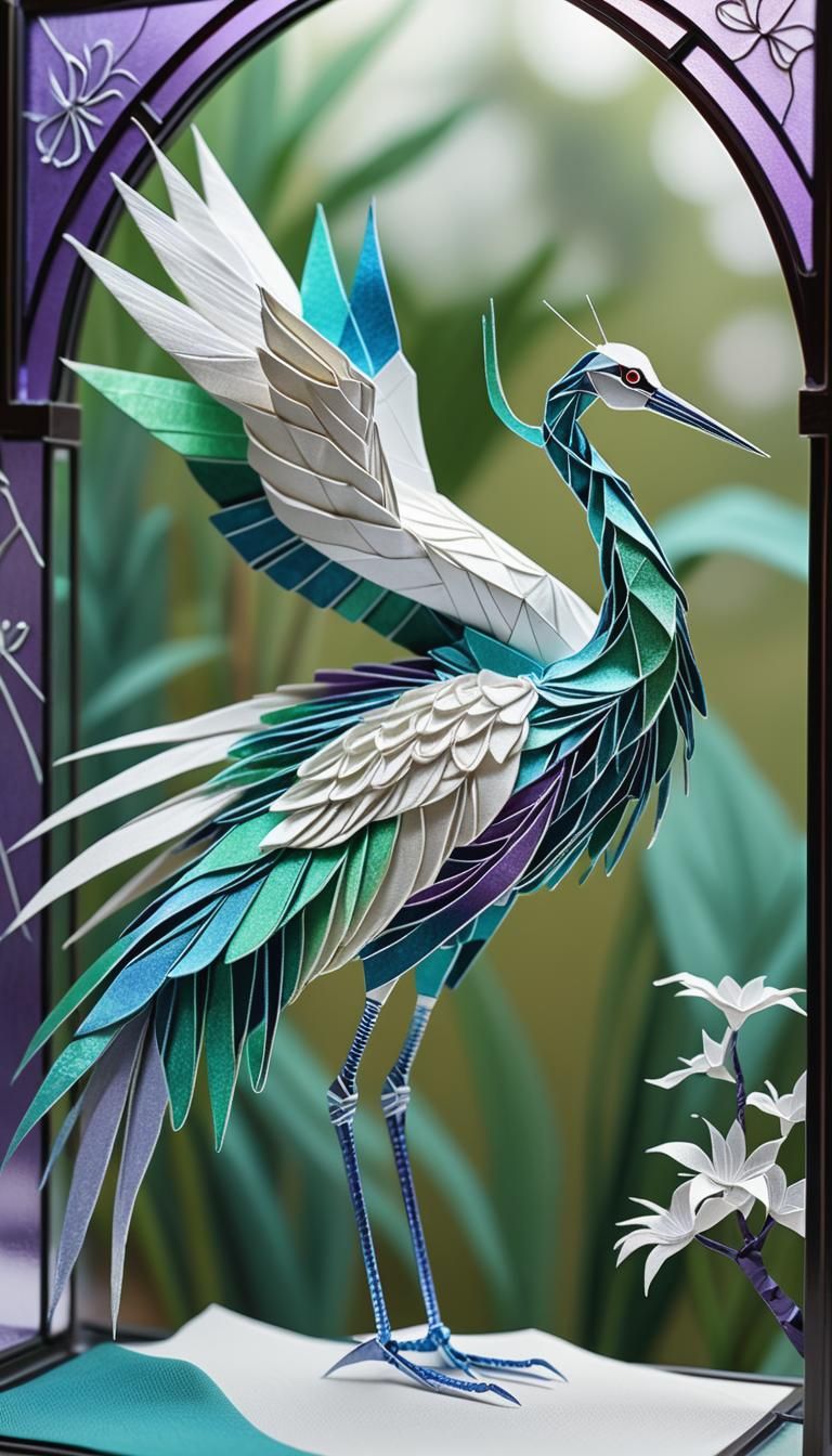 Exquisite Origami Crane in Iridescent Linen with Silver Fili...
