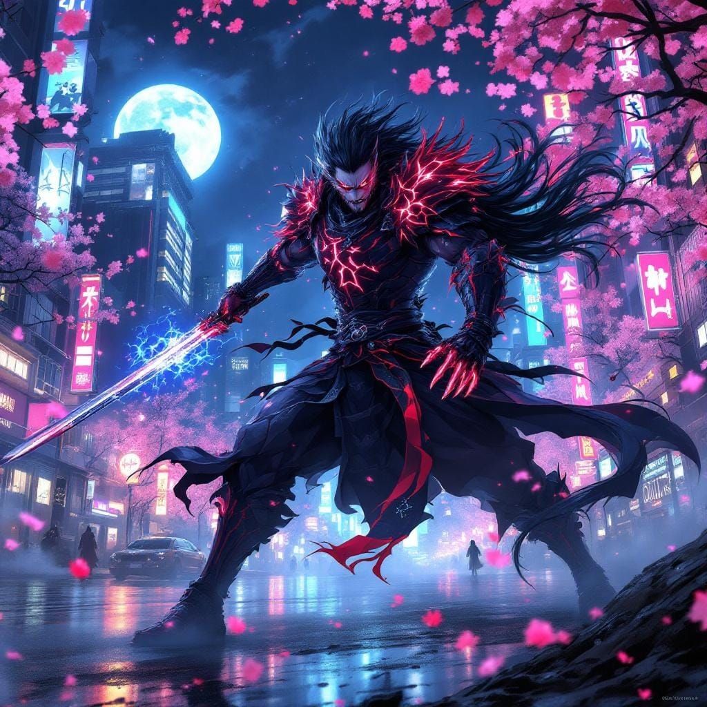 Neon Cityscape with Lycan Samurai and Cherry Blossoms