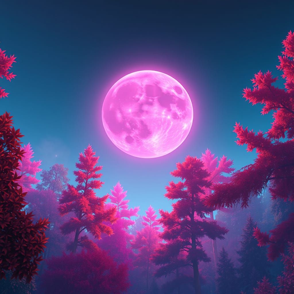 Ethereal Pink Moon Glows Over Forest in Digital Art