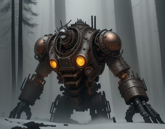 Steampunk War Machine in Snowy Forest Concept Art