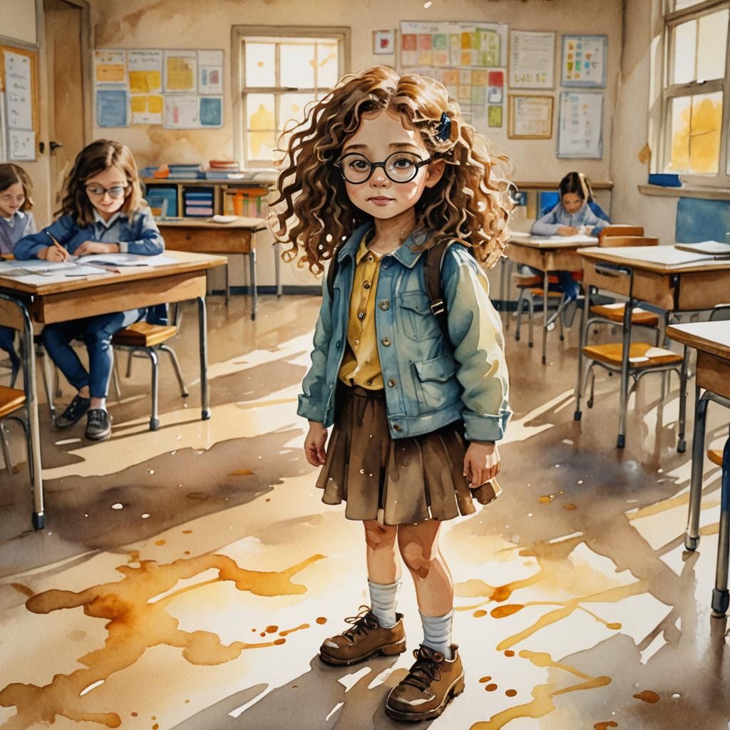 Whimsical Watercolour of Girl's First Kindergarten Day