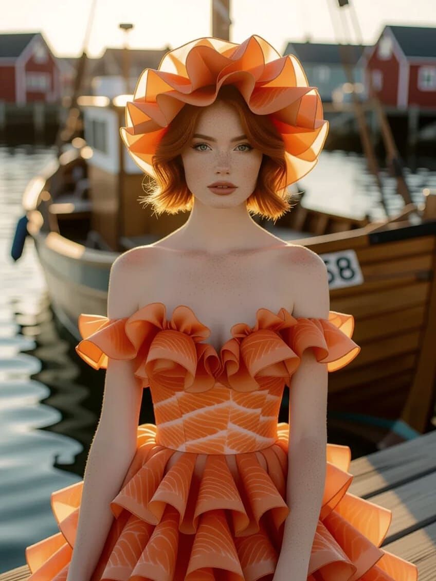 Fisher Girl in Salmon Dress at Harbour