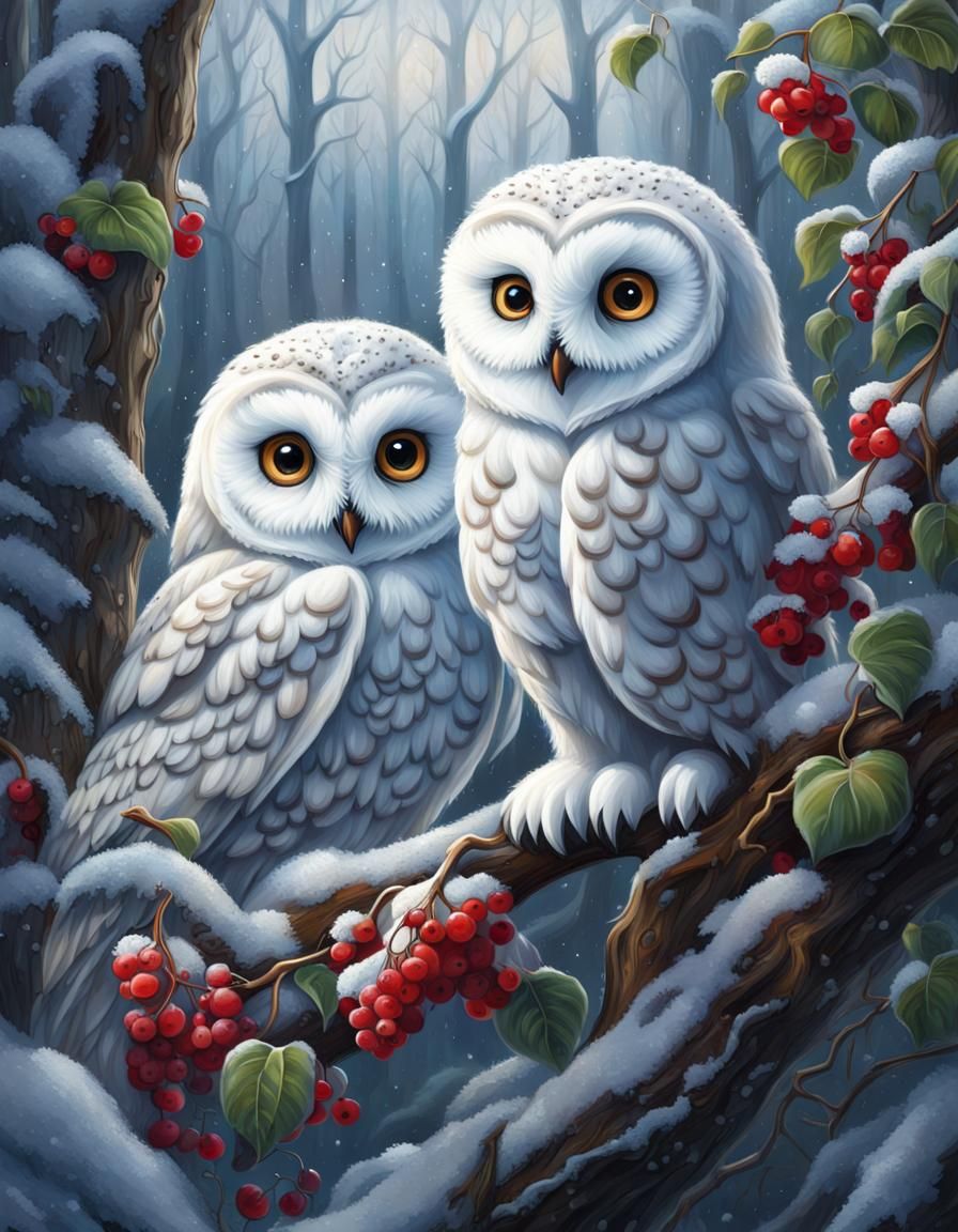 Snow Owls in Winter Forest: Hyperdetailed Oil Painting