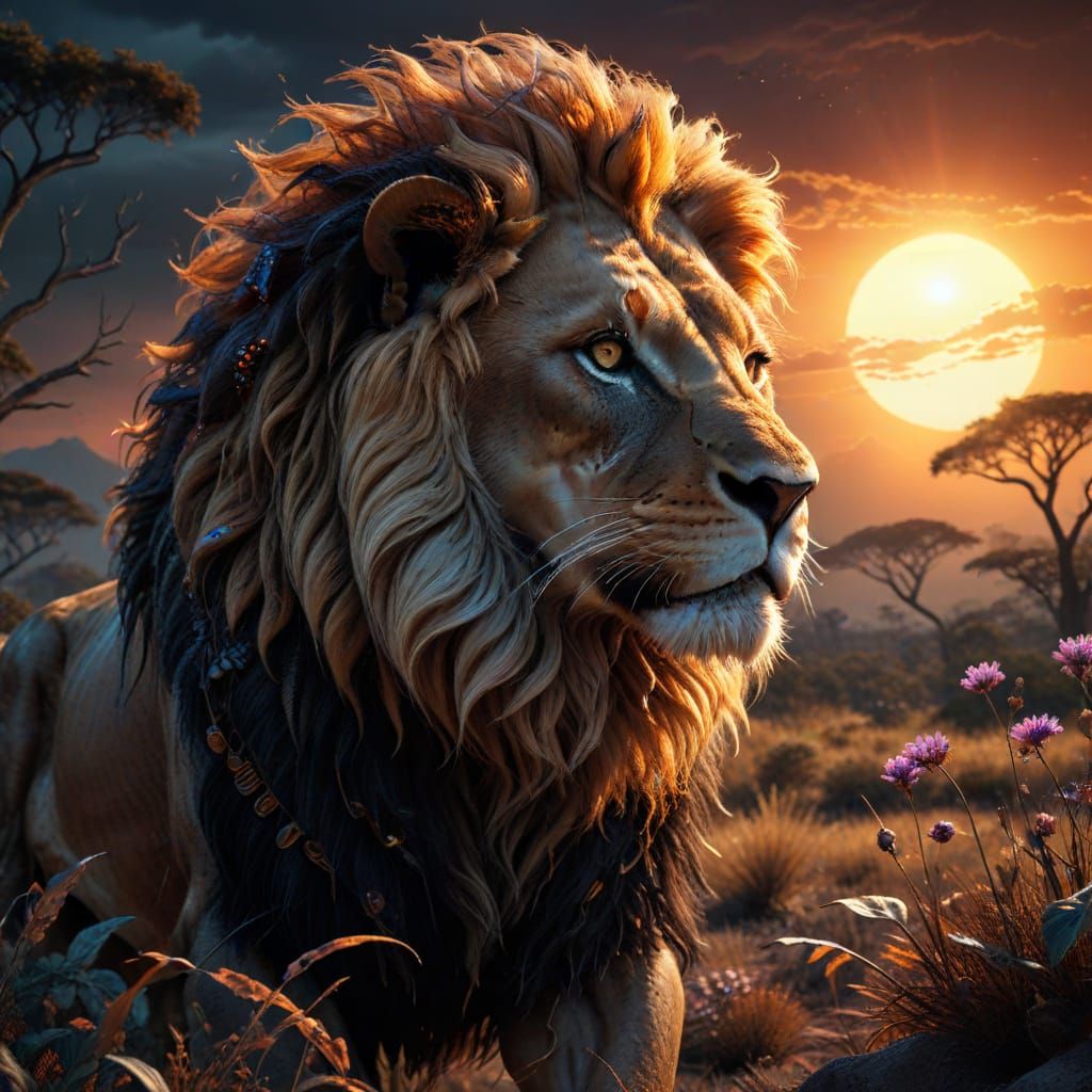 Majestic Lion on Alien Savanna Under Binary Sunset