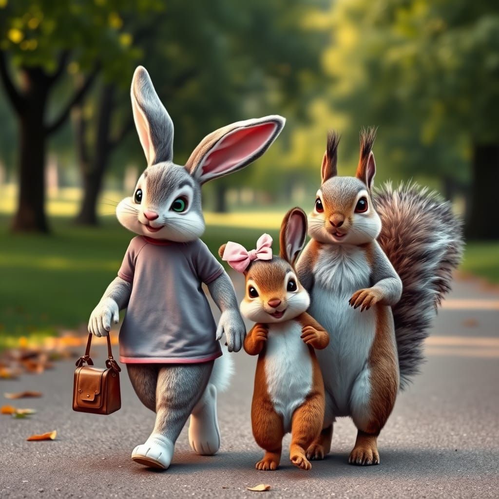 Happy Family of Bunny Squirrel Walks in the Park