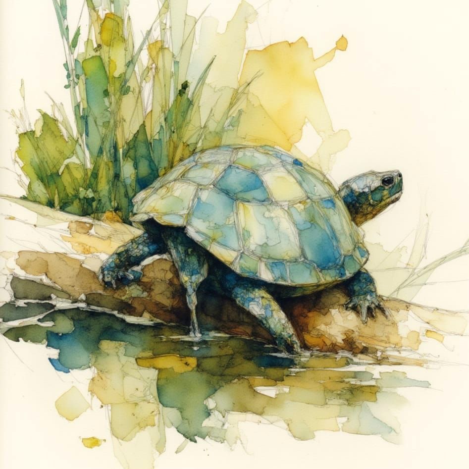 Turtle Basking on Log: Watercolor Wash and Pencil Sketch