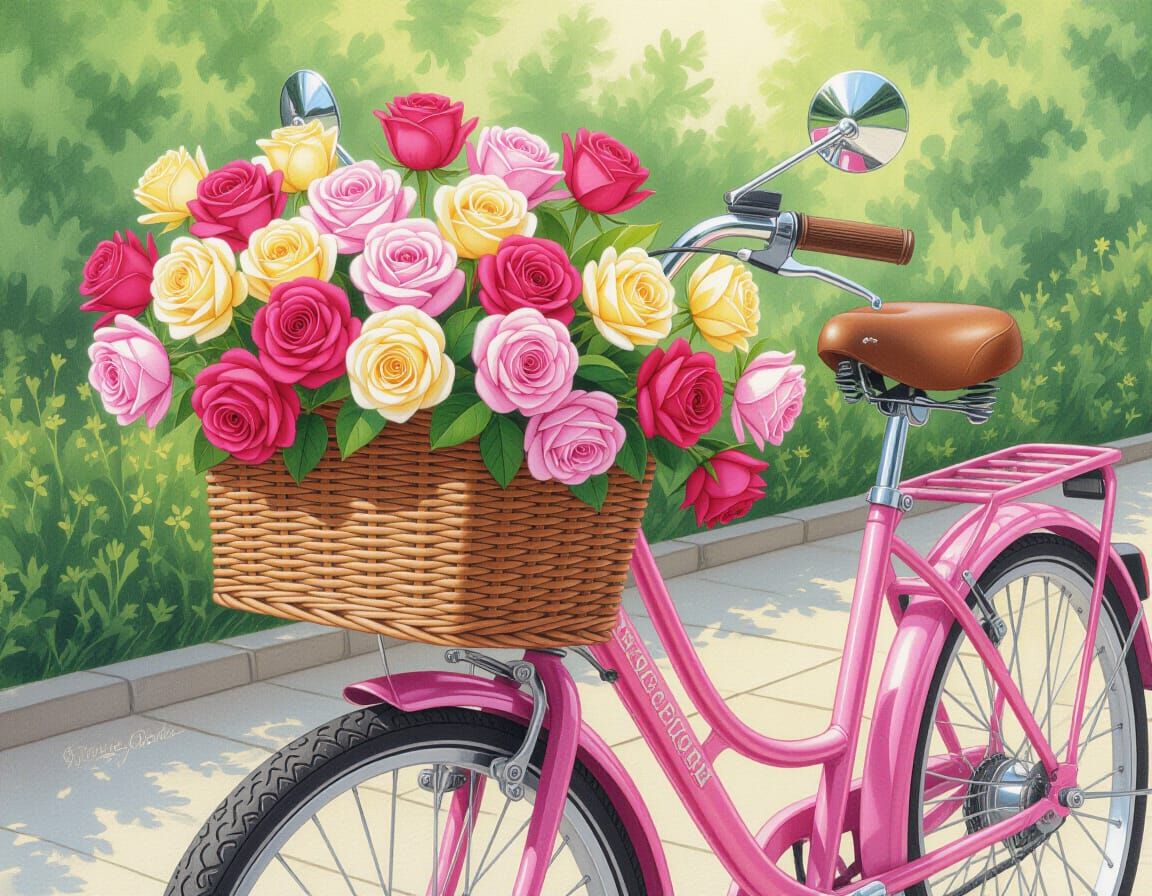Vintage Pink Bicycle with Rose Basket Drawing